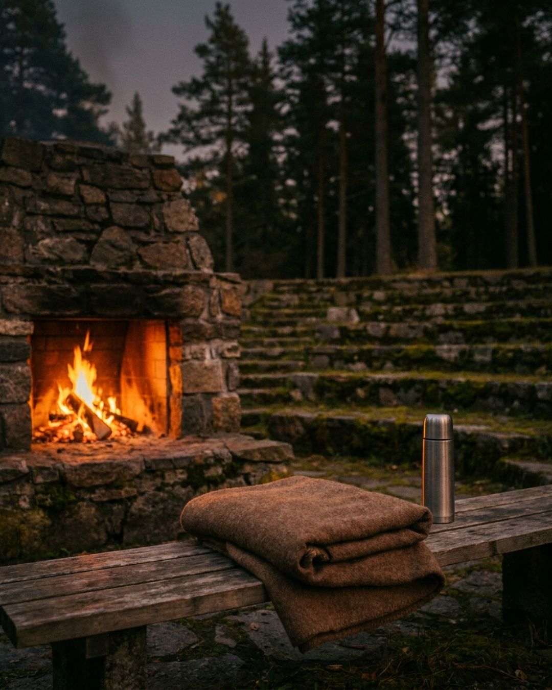 A glowing stone fireplace and a folded blanket on a wooden bench at an open-air theater at night.