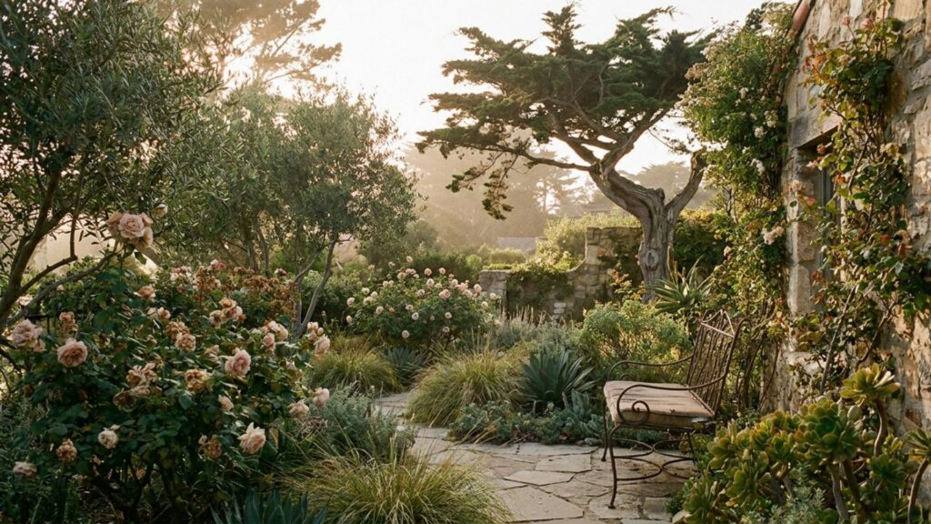 A secluded terraced Carmel garden courtyard in warm golden-hour light.