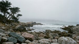 Sea-rounded granite boulders and low surf on a gray Carmel Point morning.