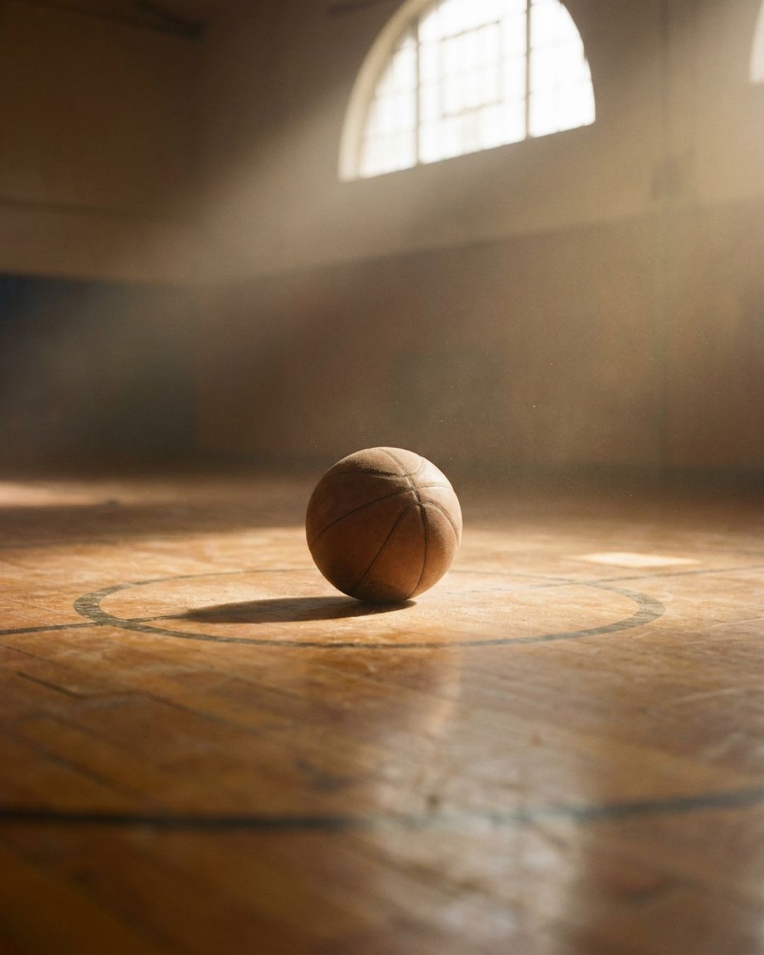 Afternoon light across a worn wooden gym floor with a single basketball.