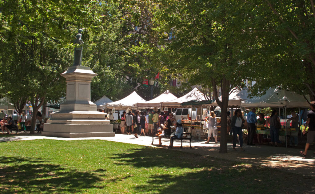 Shoppers moving between produce stalls at a California farmers market on a summer morning.