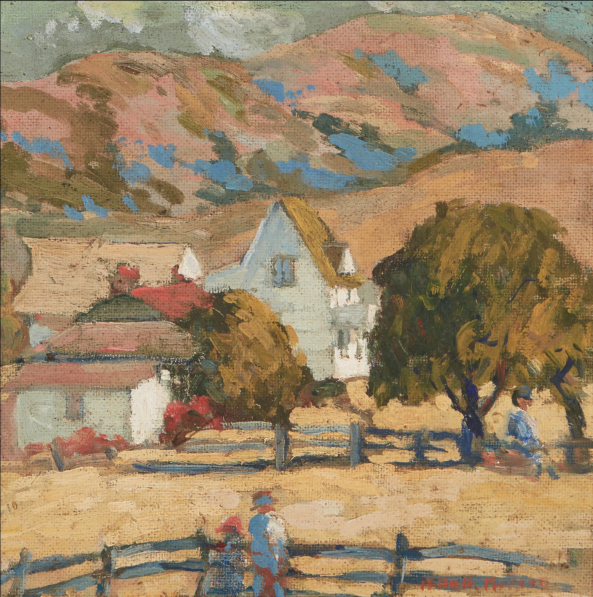 Mary DeNeale Morgan's oil painting of a Carmel Valley ranch, warm earth tones under open sky.