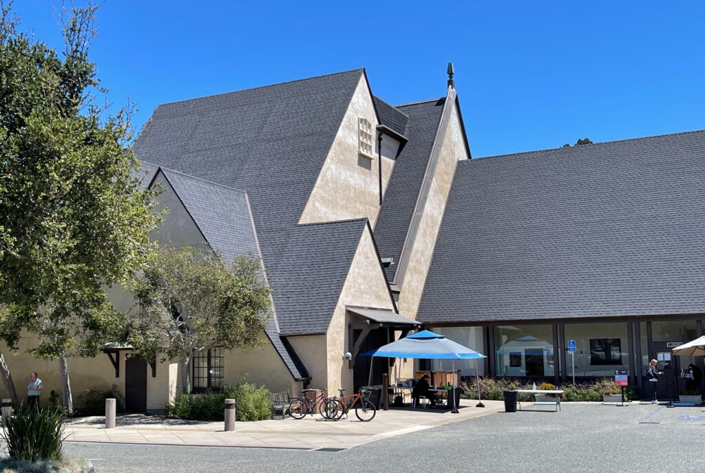 The main entrance of Sunset Center, the former schoolhouse at San Carlos and Ninth in Carmel-by-the-Sea.