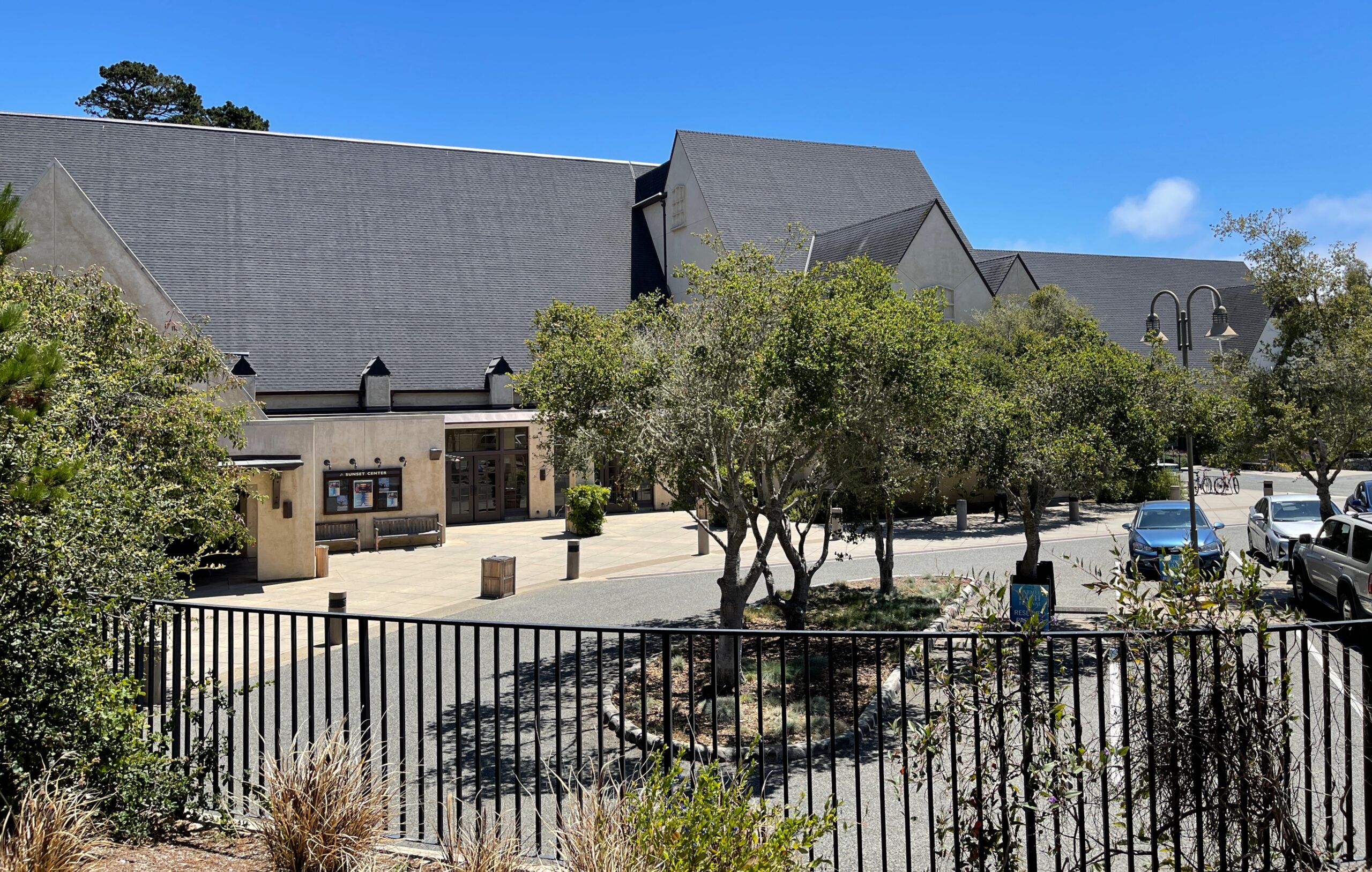 The stone-walled outdoor patio and courtyard of Sunset Center in Carmel-by-the-Sea.
